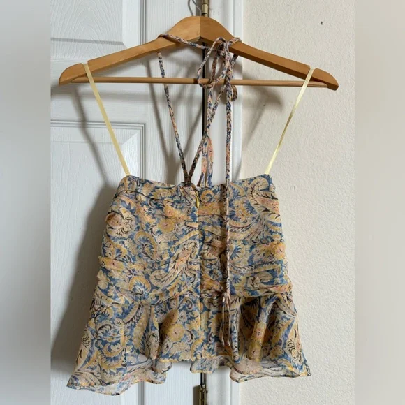 Veronica Beard Womens Arienne Yellow Blue Paisley Halter Top Sz 10 Peplum hem - Picture 5 of 7